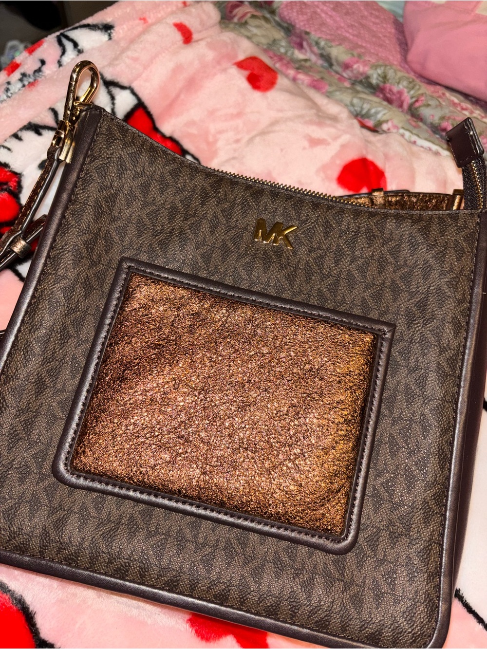 Michael Kors Brown Logo Crossbody with Metallic Bronze Front Pocket